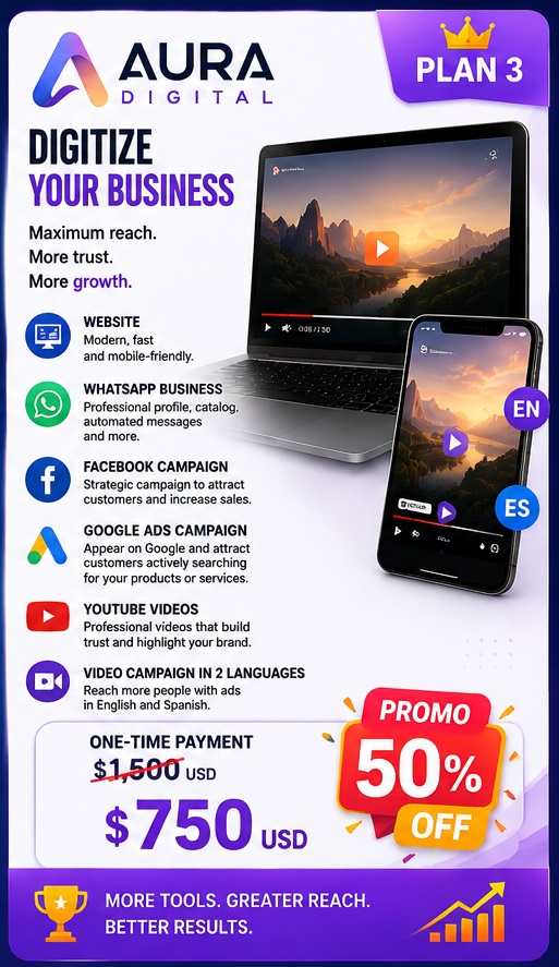 Aura Digital Plan 3 - Digitize Your Business - Full package with YouTube Videos and Video Campaign in 2 Languages $750 USD (50% OFF)